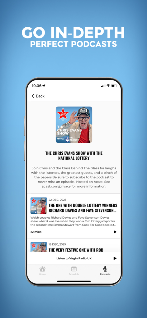 La sección de podcasts de la aplicación Virgin Radio UK mostrando episodios de The Chris Evans Show