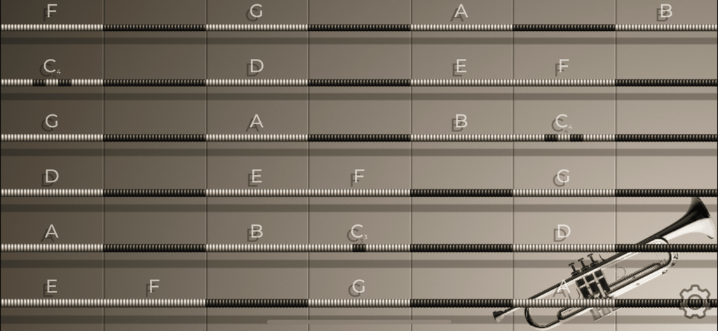 iFretless Brass - iFretless Brass app interface showing a string instrument fretboard layout with note labels and a trumpet icon