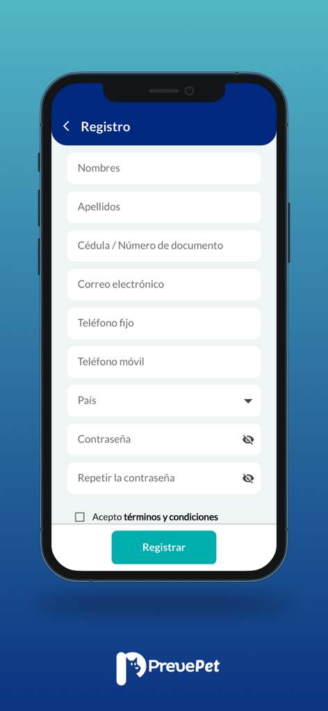 Prevepet - Registrierungsformular für die Prevepet Mobile App für Tierpflege