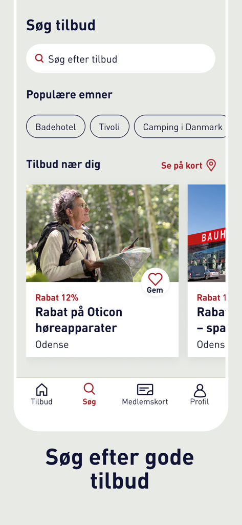 Ældre Sagen Tilbud - Una pantalla de la aplicación Aeldre Sagen Tilbud mostrando la interfaz de búsqueda de descuentos para personas mayores y categorías de actividades populares