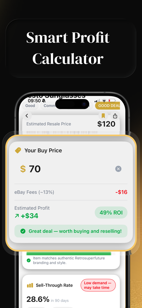 Thriftly: Profit Identifier - A screenshot of the Thriftly app Smart Profit Calculator showing an estimated profit and ROI for a resale item