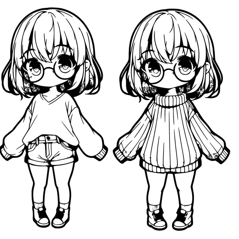 a anime girl with medium hair glasses big eyes a very long sweater little jean shorts no shoes and socks