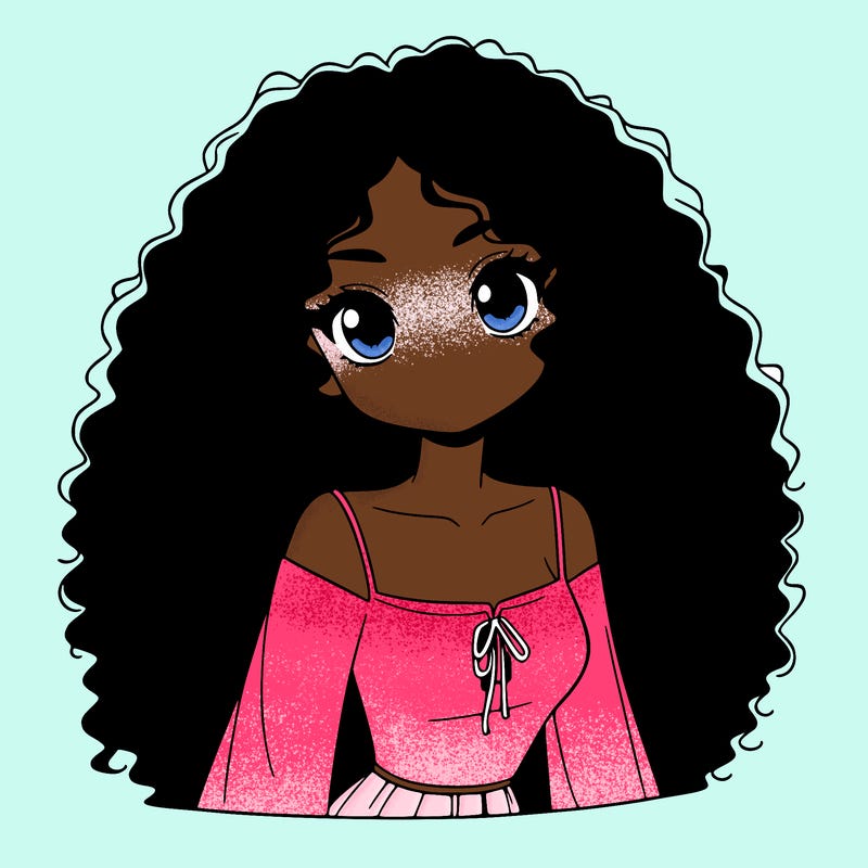 a black anime girl with long afro hair