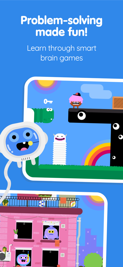 Thinkrolls School Edition gameplay showing logic puzzles and colorful characters for problem solving.