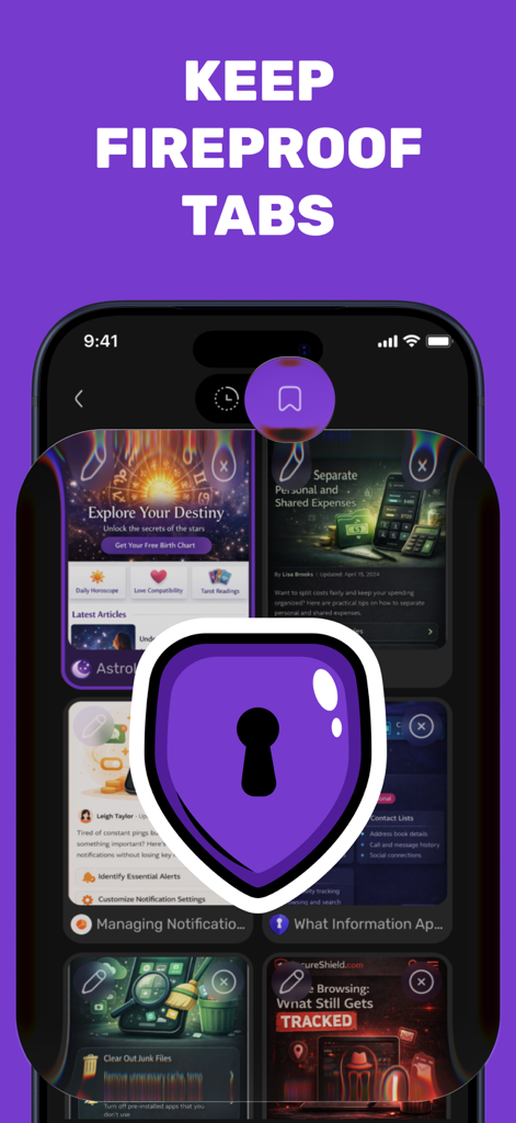 Interface du Navigateur Web Privé TOR montrant les onglets web sauvegardés et une icône de bouclier violet sécurisé avec le texte "Keep Fireproof Tabs".