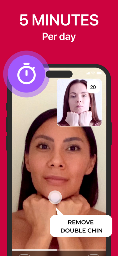 A woman practicing a 5-minute face yoga exercise to remove a double chin using the Vitonica app