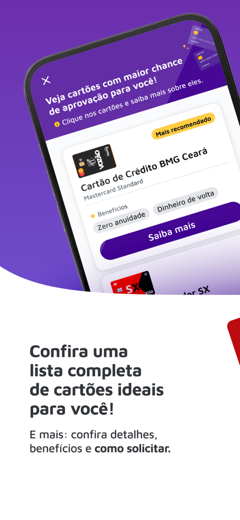 Mobile app screen showing a list of recommended credit cards with high approval odds and benefits like zero annual fees and cashback.