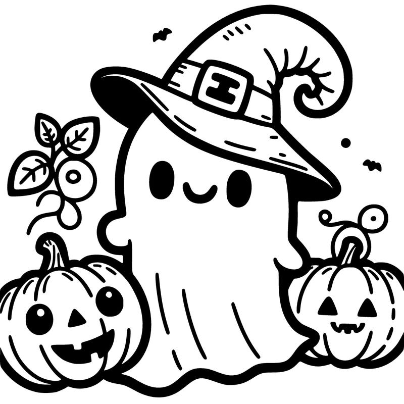ghost with punkins wearing a witch hat