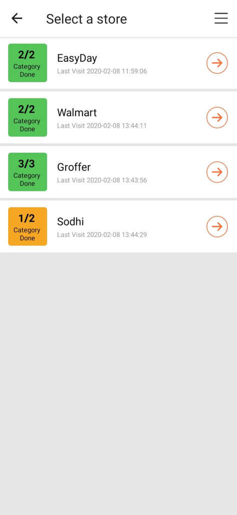 ShelfWatch - Mobile interface of ShelfWatch app displaying a list of retail stores with audit progress indicators and last visit timestamps.