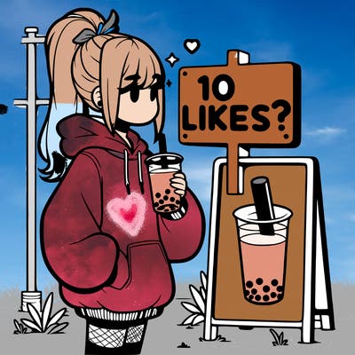 girl with oversized hoodie drinking boba and she has a high ponytail with a sign that says 10likes?