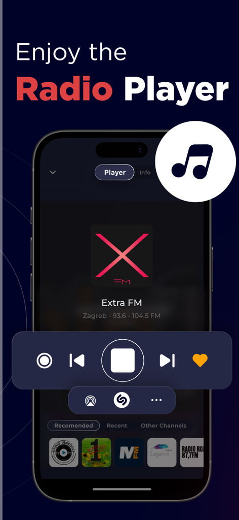 Radio Croatia FM Live Online - Captura de tela da interface do player de rádio no aplicativo Rádio Croácia FM mostrando a estação Extra FM