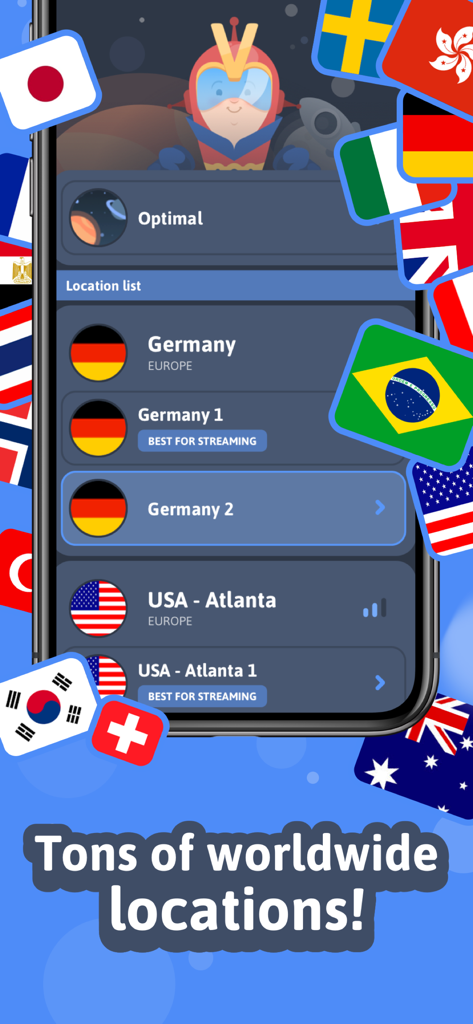 Interface of SuperShield VPN displaying a list of worldwide server locations including Germany and USA with streaming optimization labels