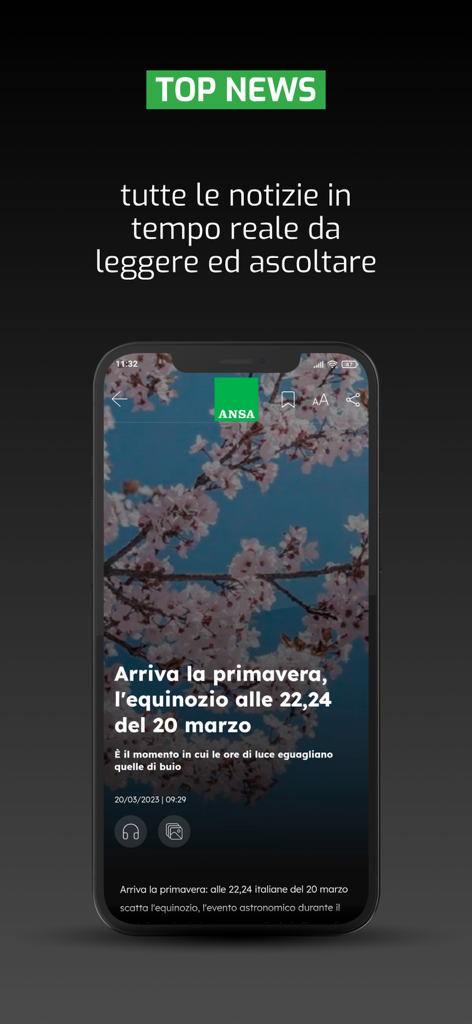 ANSA mobile app interface displaying a top news article about the spring equinox with options to read and listen