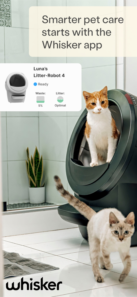 Whisker - Whisker app displaying real time waste and litter levels for the Litter Robot 4 with cats in a modern bathroom