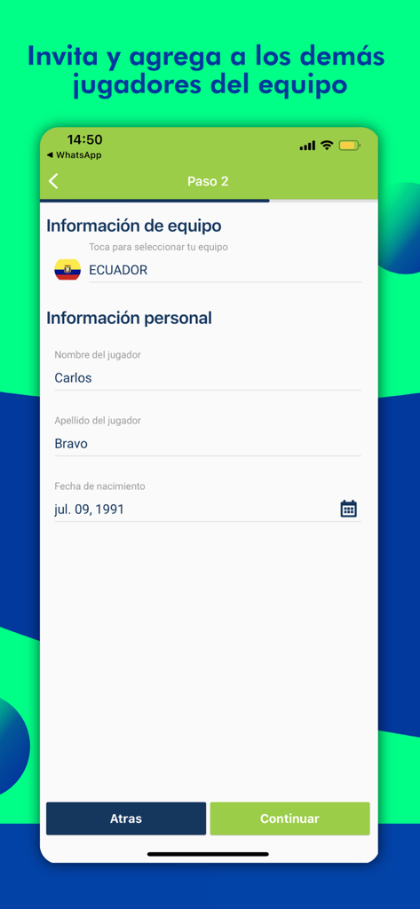 Pelotea - Registration step in Pelotea app for entering soccer player personal information and team details in Spanish
