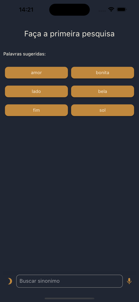 Sinonimos - Tela de busca do aplicativo Sinônimos com palavras em português sugeridas e uma barra de busca.