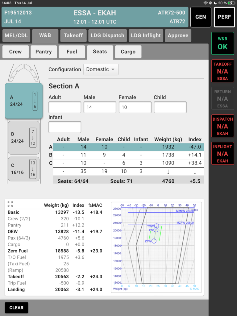 Guru2 Regional - Schermata dell'app Guru2 Regional che mostra la configurazione dei posti a sedere per il bilanciamento del peso e i dati di prestazione per un aereo ATR72