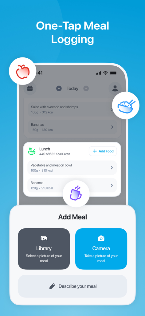 CScore: Calorie & Food Tracker - CScore app interface showing one tap meal logging options with AI camera and library features