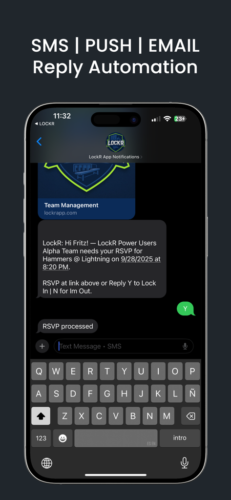 LockR App - Team Manager - LockR app screenshot showing automated SMS RSVP for sports team management