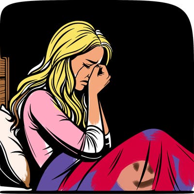 realistic woman crying in her bed in a dark room