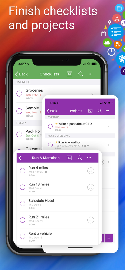 Interfaz de la aplicación Todo que muestra listas de verificación y tareas de proyectos organizadas en una pantalla de iPhone.