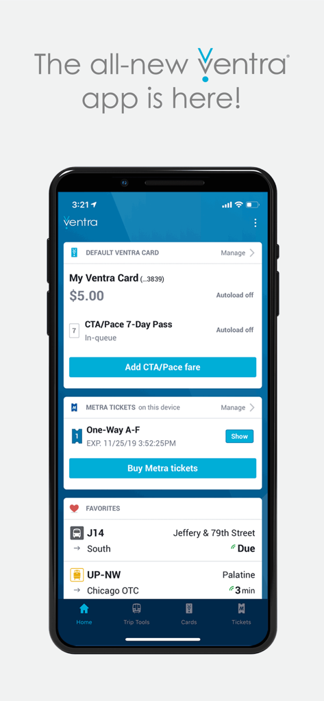 Ventra - The Ventra app home screen on a smartphone displaying card balance, Metra tickets, and real-time arrival times for Chicago transit.