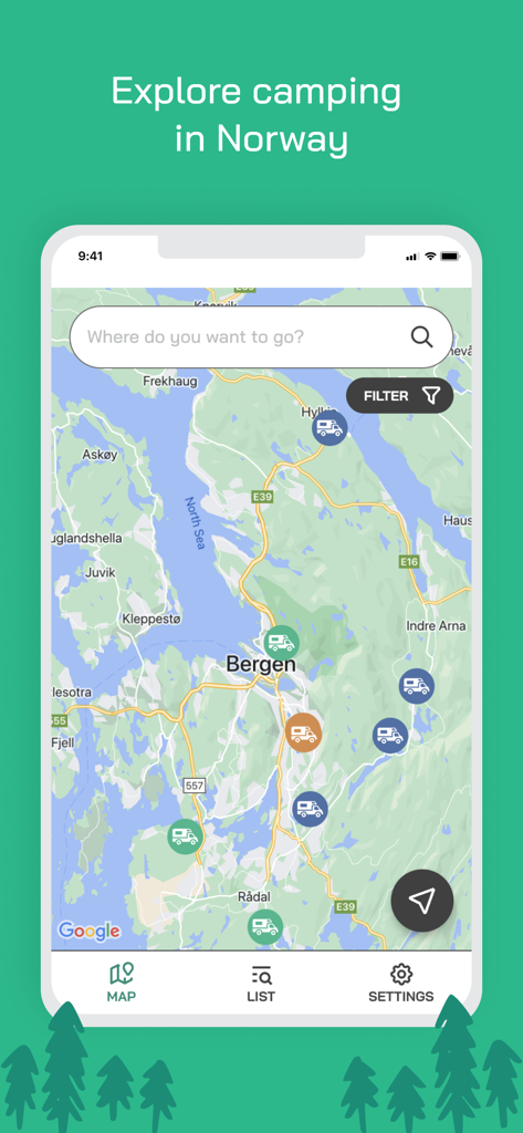 Kartenansicht der Campersite Norwegen App, die Wohnmobilstellplätze und Campingplätze rund um Bergen anzeigt