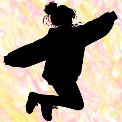 realistic girl jumping with a bun and oversized sweatshirt