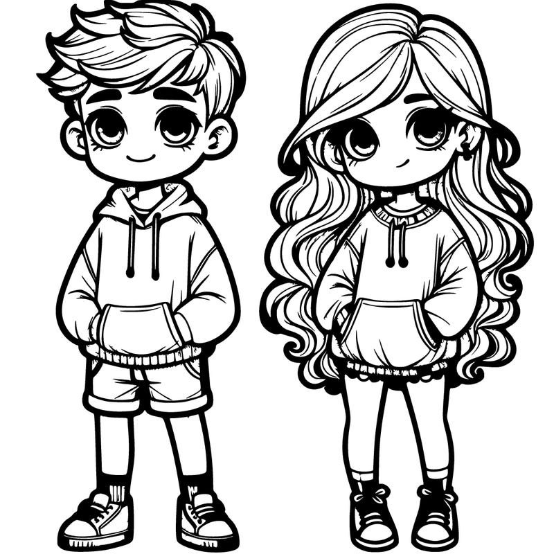 boy and a girl with an oversized sweat shirt and shorts the girl has long wavy hair and the boy has cute hair they are teens