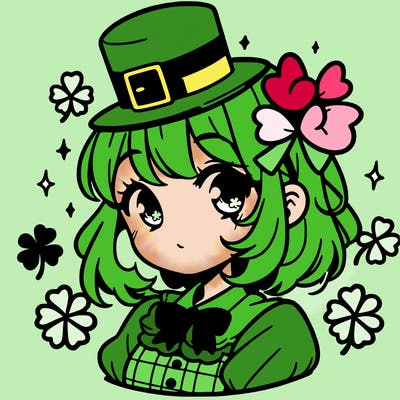 a manga-style girl with clovers around her, a little hat in her hair, like it's saint patrick's day