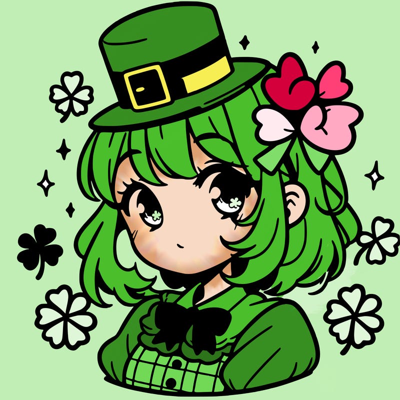 a manga-style girl with clovers around her, a little hat in her hair, like it's saint patrick's day