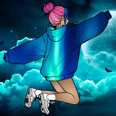 realistic girl jumping with a bun and oversized sweatshirt