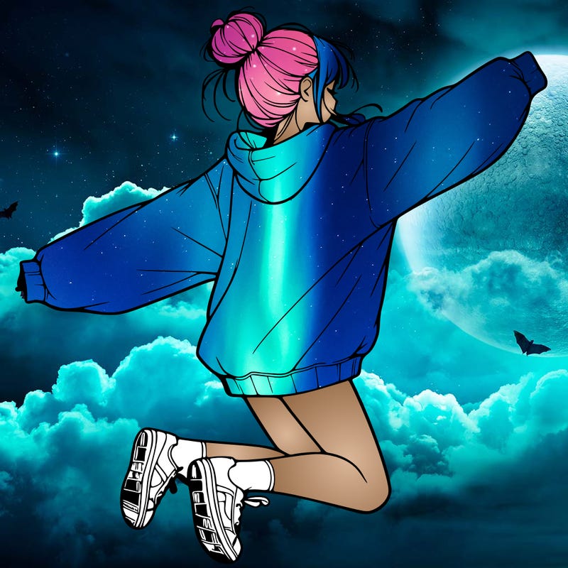 realistic girl jumping with a bun and oversized sweatshirt