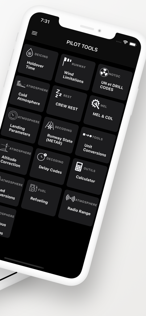 Pilot Tools - Panel principal de la aplicación Pilot Tools mostrando varios módulos de utilidad de aviación para pilotos.