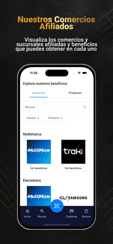 PriorityMax app interface showing affiliated retailers like MultiMax, Traki, and Samsung with store benefits and search filters.