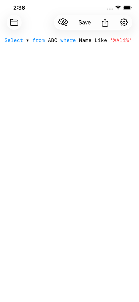 Interface móvel do SQL Editor Lite mostrando um editor de código com realce de sintaxe