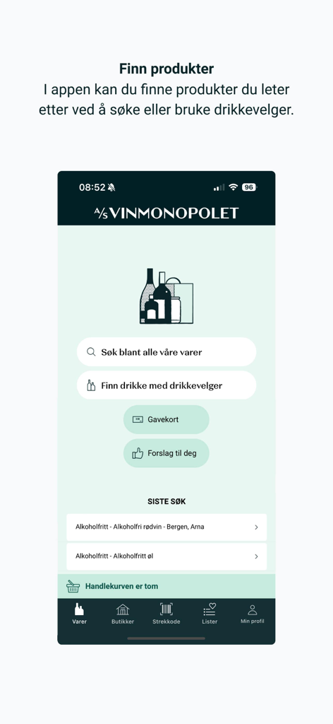 Vinmonopolet - Home screen of the Vinmonopolet app showing the product search bar and drink selector options