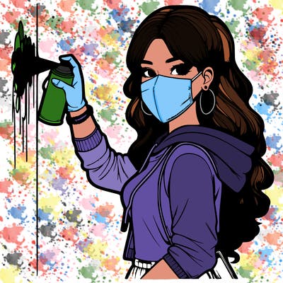 realistic girl with mask spray painting a wall