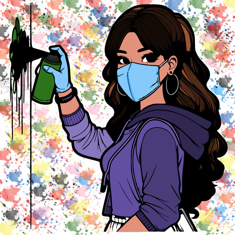 realistic girl with mask spray painting a wall