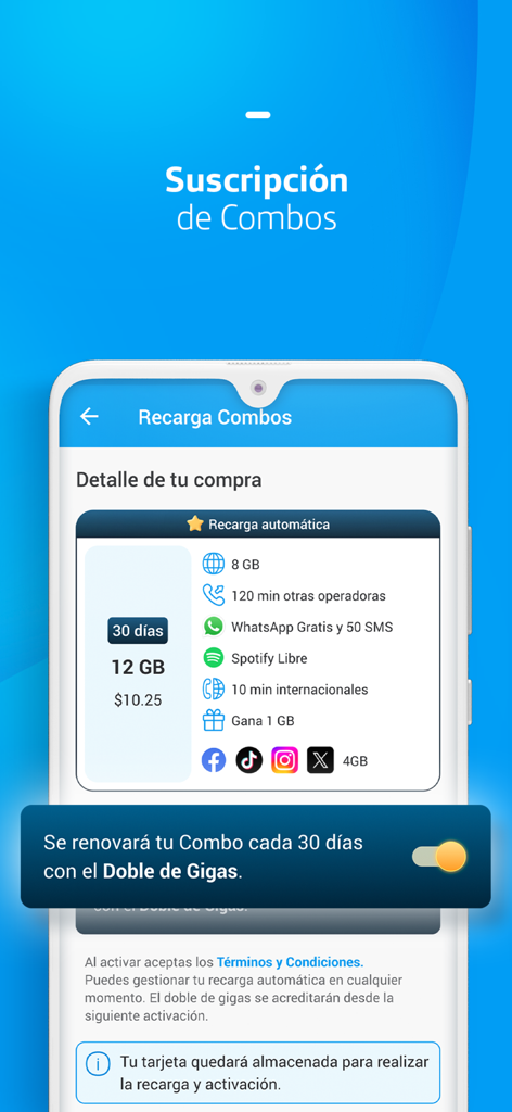 Pantalla de la app Mi Movistar Ecuador que muestra los detalles de la suscripción combinada para datos móviles y minutos.