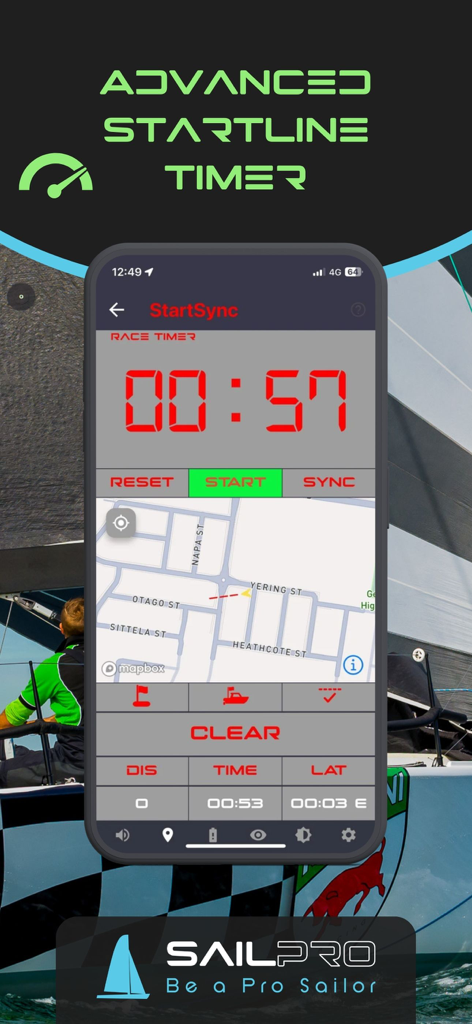 SailPro 앱 인터페이스, 고급 요트 레이싱 출발선 타이머 및 전술 지도 표시