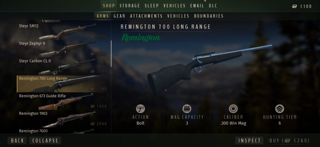 Way of the Hunter Wild America - In-game gun shop menu displaying a Remington 700 Long Range rifle with technical specs in Way of the Hunter Wild America