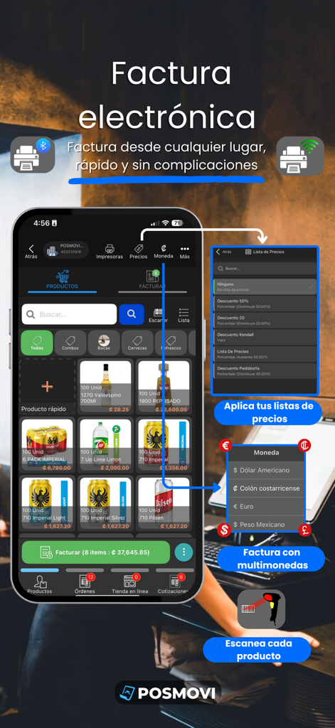 POSMOVI - POSMOVI mobile application interface demonstrating electronic invoicing, multi-currency support, and product barcode scanning.