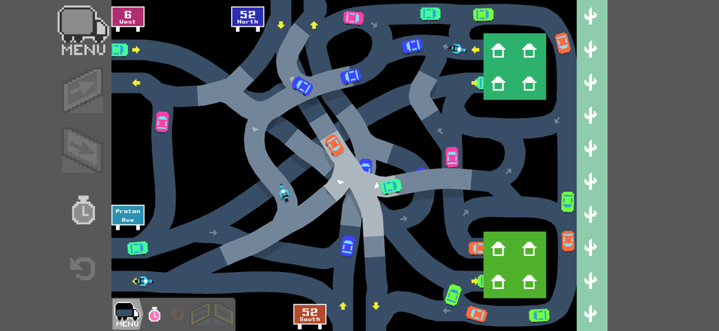 A top-down view of a complex freeway interchange design in the Freeways game with colorful cars navigating roads and bridges.