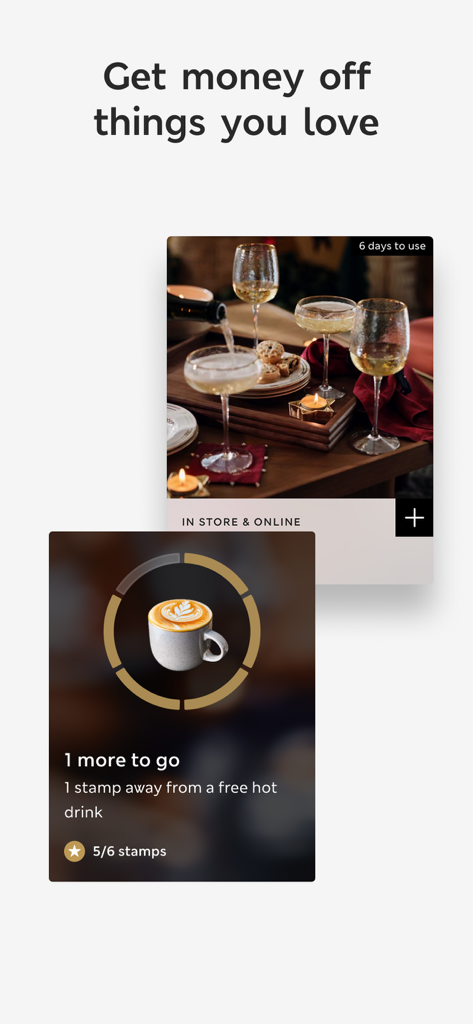 M&S - Fashion, Food & Homeware - M&S app screen showing Sparks loyalty offers and a digital stamp card for free drinks.