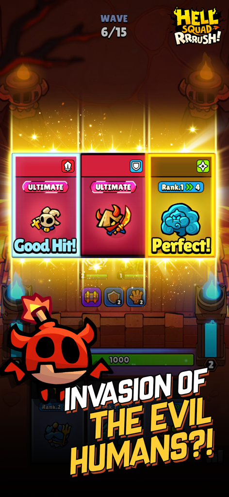 Hellsquad Rrrush gameplay screen showing ultimate skill card selection in a roguelike strategy defense game