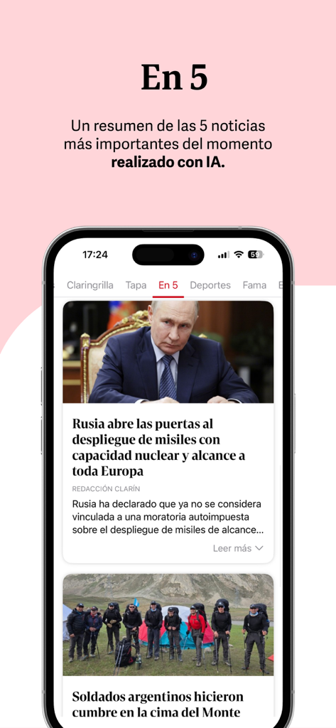 Clarín.com - Interface of the Clarin news app showing the En 5 AI-generated daily news summary.