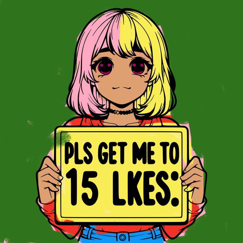 realistic girl holding up a sign that says “pls get me to 15 likes!”