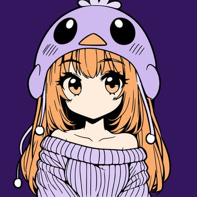 anime girl with chick shaped hat with sweater with bare shoulders with bangs covering them one eye with low tail