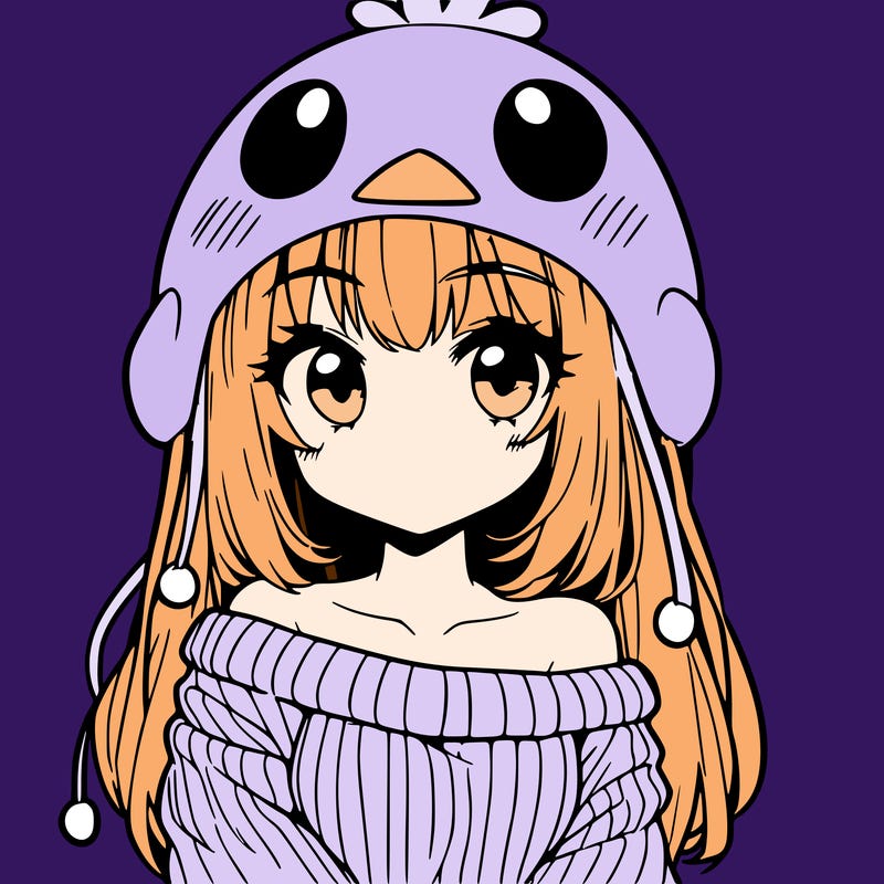 anime girl with chick shaped hat with sweater with bare shoulders with bangs covering them one eye with low tail